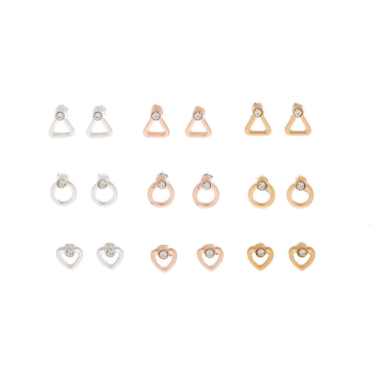Mixed Metal Geometric Shape Stud Earrings - 9 Pack,