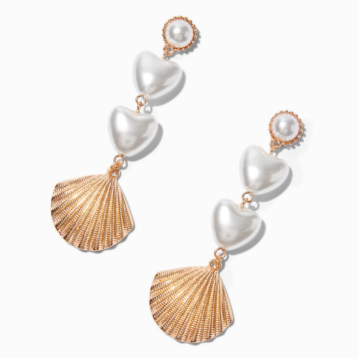 Heart Pearl &amp; Gold-tone Seashell 3&quot; Drop Earrings,