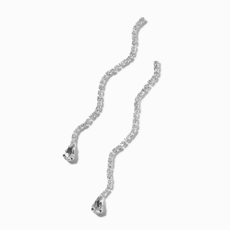 Rhinestone Wavy Column 3&quot; Silver-tone Drop Earrings,