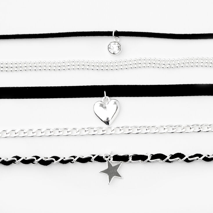 Silver-tone Heart Star Mixed Cord Choker Necklaces - 5 Pack,