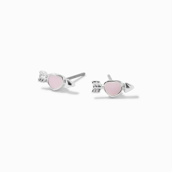 Silver-tone Pink Heart Arrow Stud Earrings,