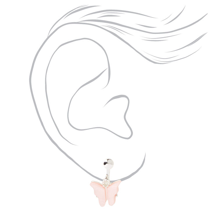 Silver Butterfly Clip On Drop Earrings - Pink,