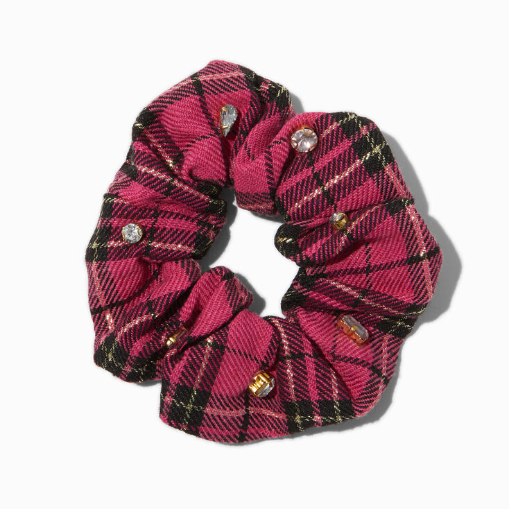 Pink Plaid Crystal Embellished Hair Scrunchie,