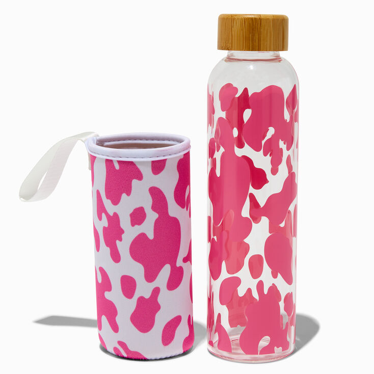 Pink Cow Print Glass Water Bottle with Pouch,