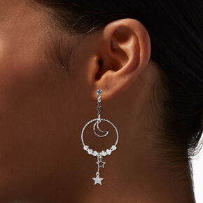 Silver-tone Celestial Hoop 2&quot; Drop Earrings,