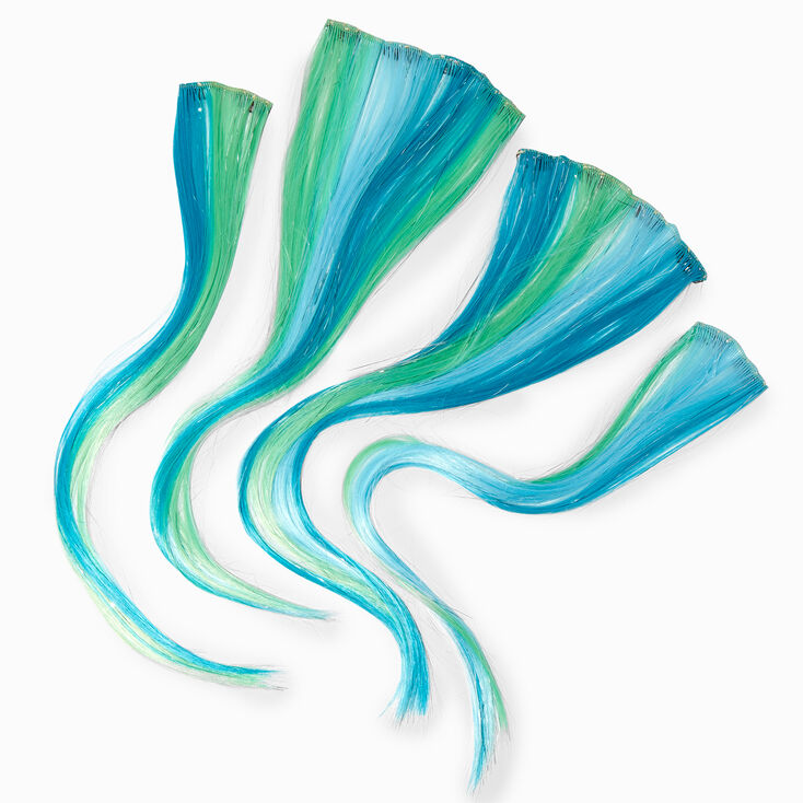 Blues &amp; Green Faux Hair Clip In Extensions - 4 Pack,