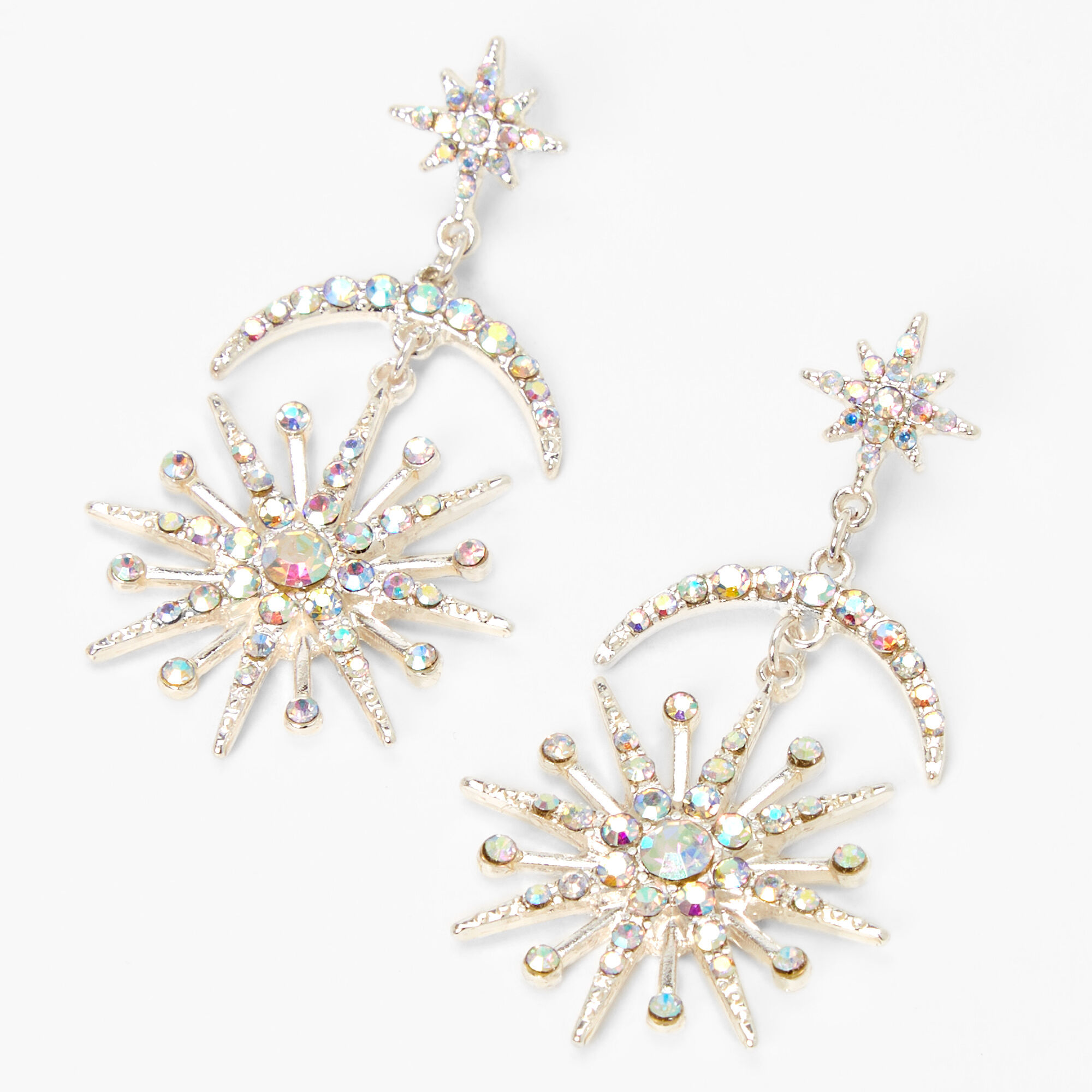 1930s Art Deco Style Jewelry – Costume Jewelry Icing Silver 2 Iridescent Starburst Moon Drop Earrings $12.99 AT vintagedancer.com