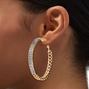 Gold-tone Crystal Cuban Chain 70MM Hoop Earrings,