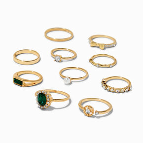 Gold-tone &amp; Emerald Bow Mixed Rings - 10 Pack,