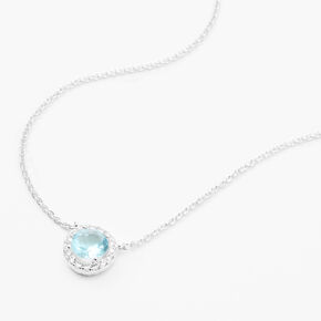 Silver Cubic Zirconia Round Halo Pendant Necklace - Blue,
