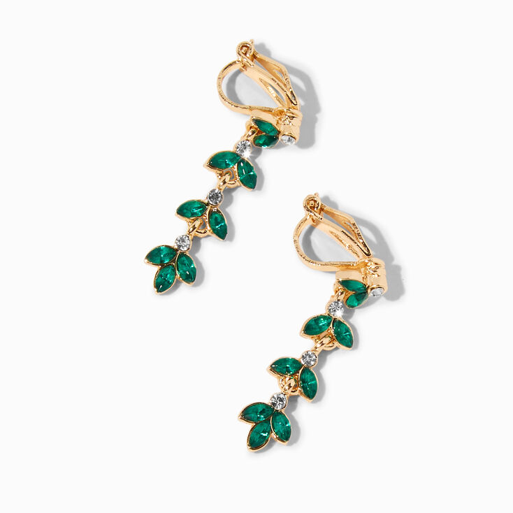 Green Crystal Leaf Clip-On Drop Earrings,