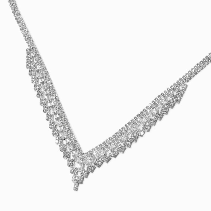 Silver-tone Triple Row Rhinestone Statement Necklace,