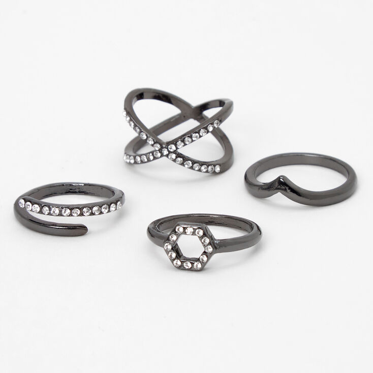 Black Embellished Geometric Rings - 4 Pack,