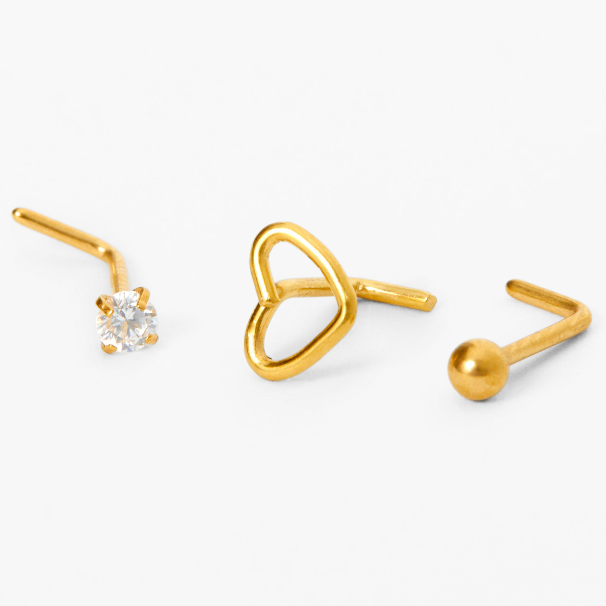 Gold Titanium 20G Open Heart Mixed Stud Nose Rings 3 Pack Icing US