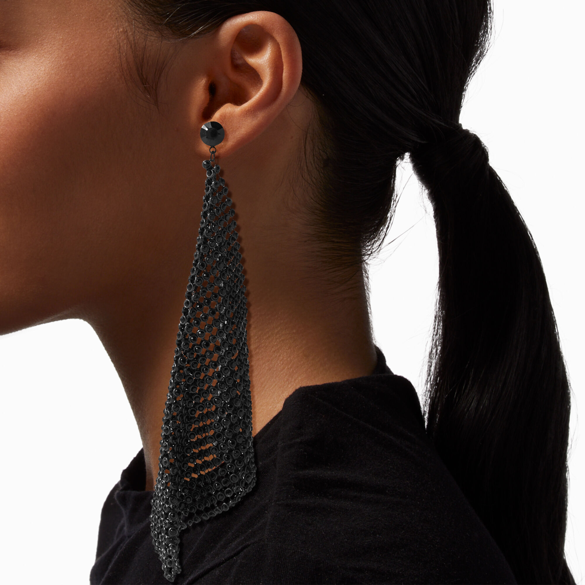 Draped Black Mesh Crystal 6 Drop Earrings Icing US