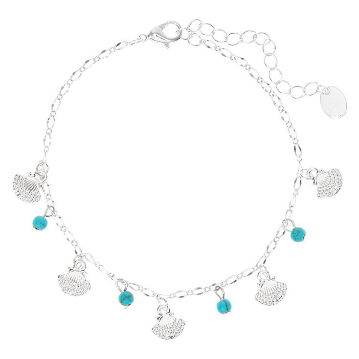 Silver Beaded Seashell Chain Anklet - Turquoise,