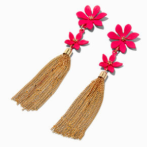 Gold-tone Fringe Pink Coated Double Flower 4&quot; Drop Earrings,