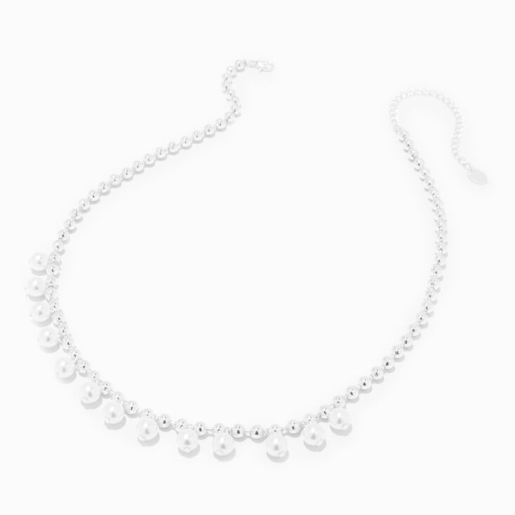 Silver-tone Beaded Pearl Confetti Necklace ,