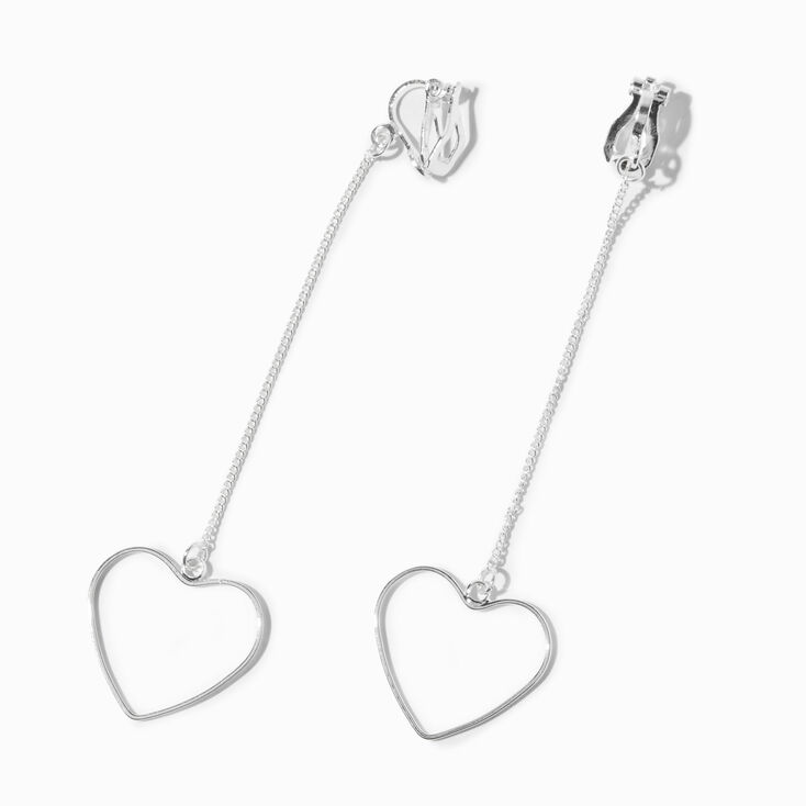 Silver 3&quot; Heart Linear Clip-On Drop Earrings,