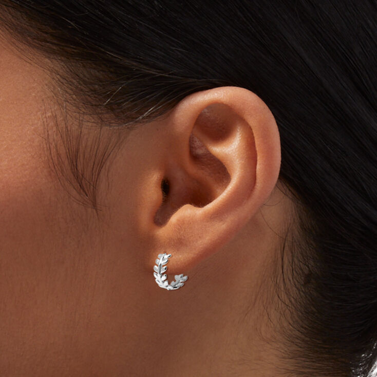 Silver 12MM Leaf Huggie Hoop Earrings,