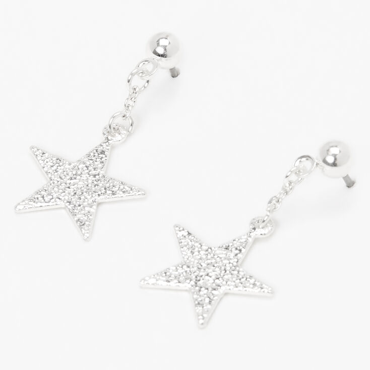 Silver 1" Sandblast Star Drop Earrings,