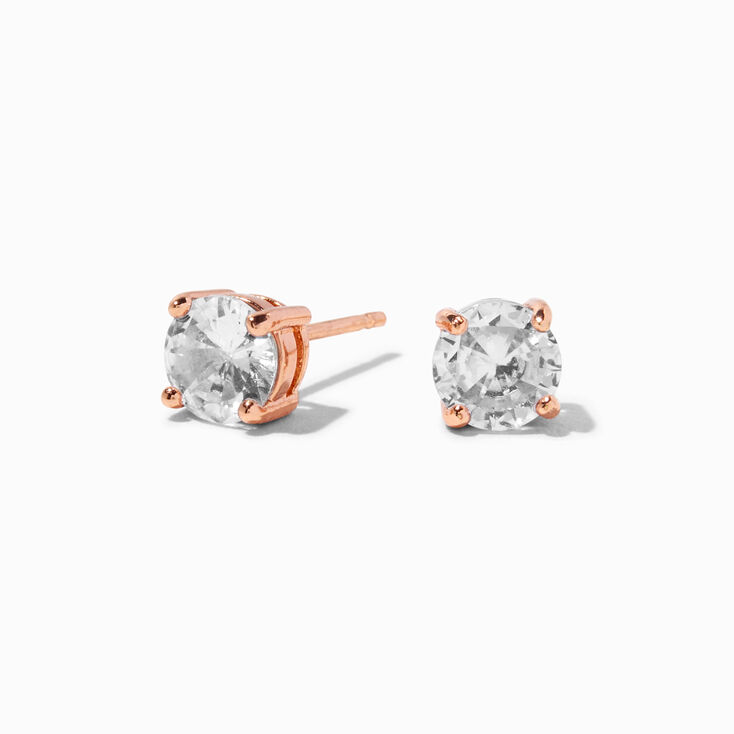 18K Gold Plated Rose Gold Cubic Zirconia Round Stud Earrings - 6MM,