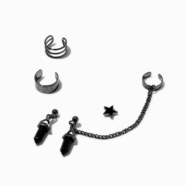 Black Mystical Gem &amp; Star Connector Cuff Earrings Stackables - 5 Pack,