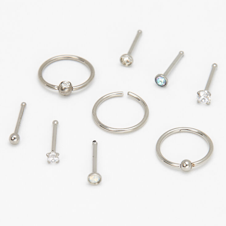 Silver 20G Assorted Nose Studs &amp; Rings - 9 Pack,