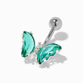 Silver 14G Teal Butterfly Belly Bar,