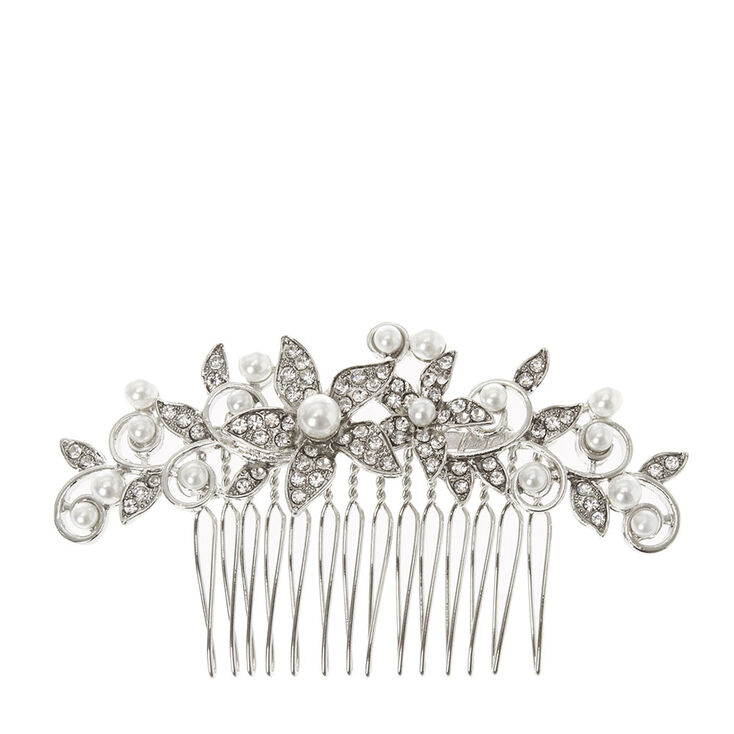 Silver Crystal Flower & Pearl Hair Comb,