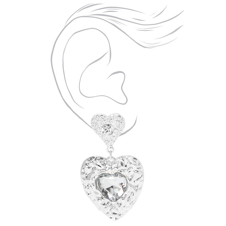Silver 1.5&quot; Rhinestone Heart Drop Earrings,