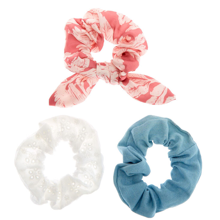 Denim Eyelet Leaf Hair Scrunchies - Pink, 3 Pack,