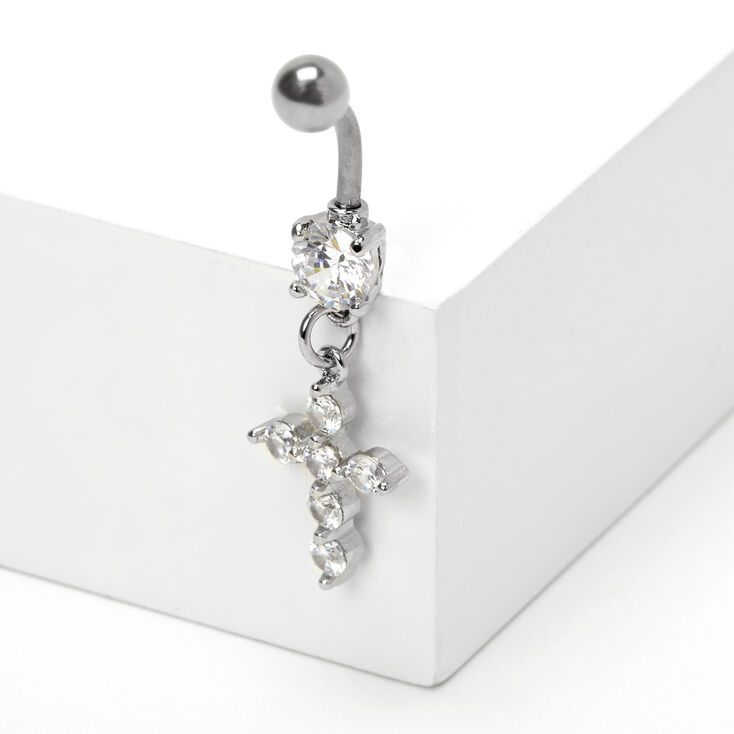 Silver 14G Crystal Cross Belly Ring,