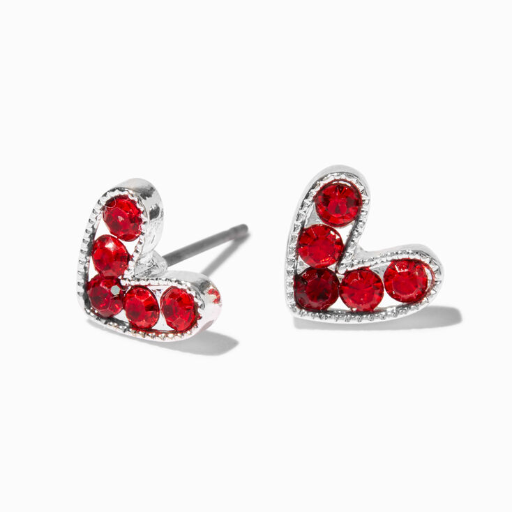 Silver-tone Red Crystal Heart Stud Earrings,