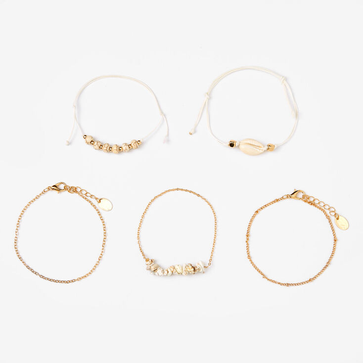 Gold Marble Seashell Chain Bracelets - White, 5 Pack,