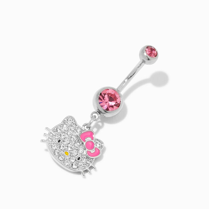 Hello Kitty&reg; Stainless Steel 14G Pink Stone Crystal Charm Belly Ring,