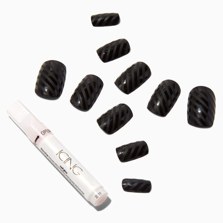 Black Stripe Mid Square Vegan Faux Nail Set -  24 Pack,
