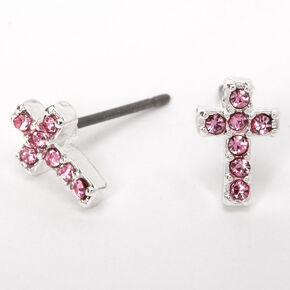 Silver Embellished Cross Stud Earrings - Pink,
