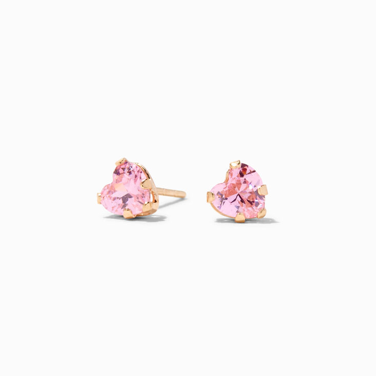 14K Gold Cubic Zirconia Pink Heart Stud Earrings - 4MM,
