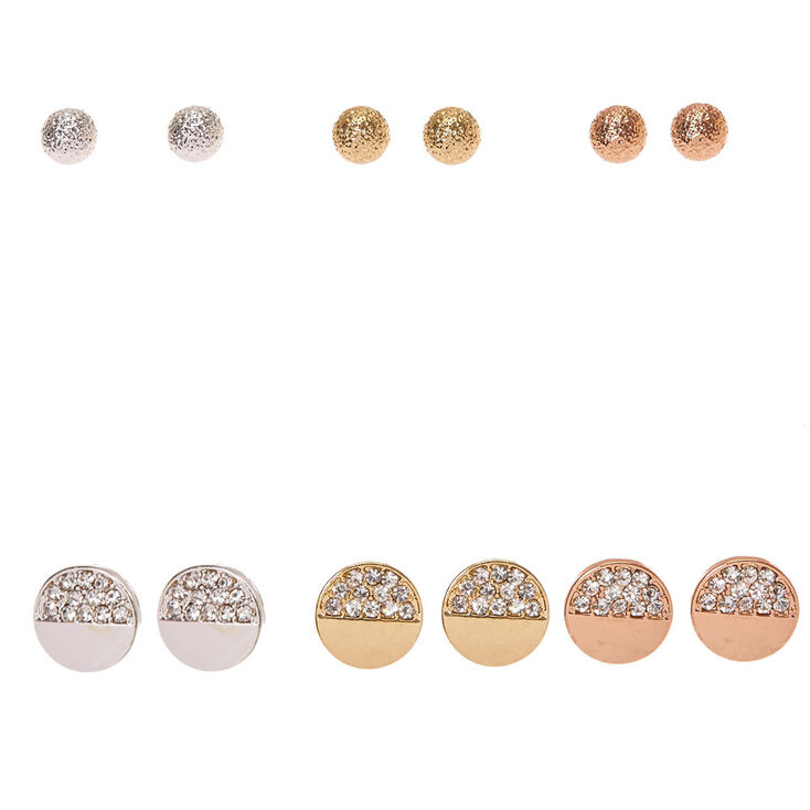 Mixed Metal Sandblasted Ball & Half Crystal Circle Stud Earrings,