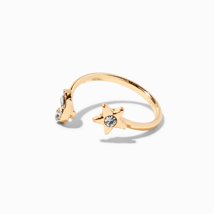 Gold Star &amp; Moon Open Front Crystal Toe Ring,