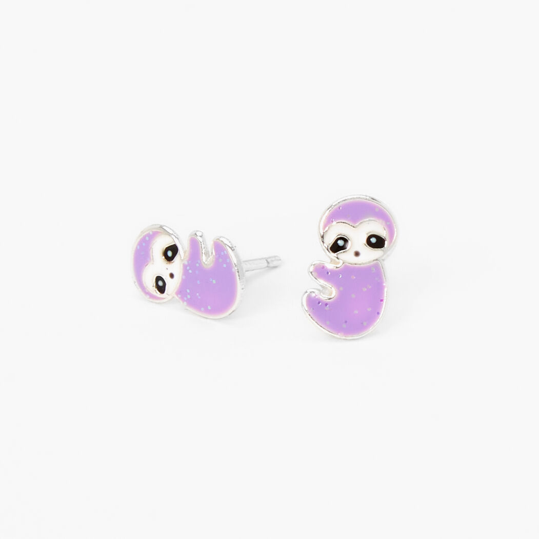 Sterling Silver Purple Glitter Sloth Stud Earrings Icing US