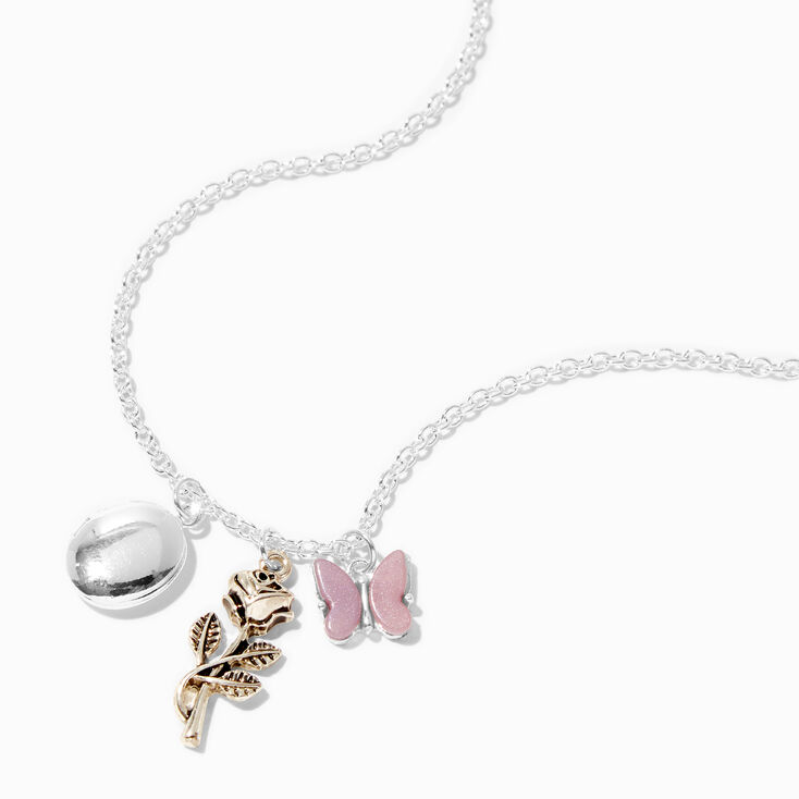 Silver Locket Rose &amp; Butterfly Pendant Necklace,