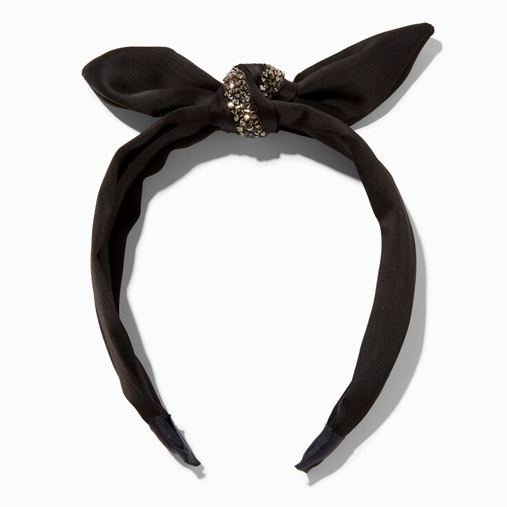 Black Embellished Satin Knotted Bow Headband,