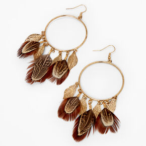 Gold Feather Charm Circle Drop Earrings - Brown,
