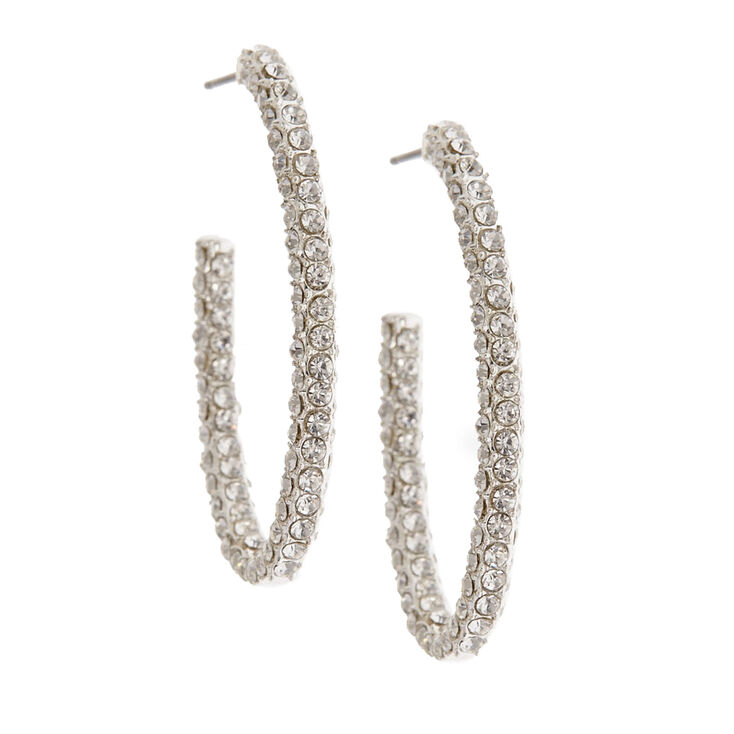 Silver-Tone Pave Oval Hoop Earrings,
