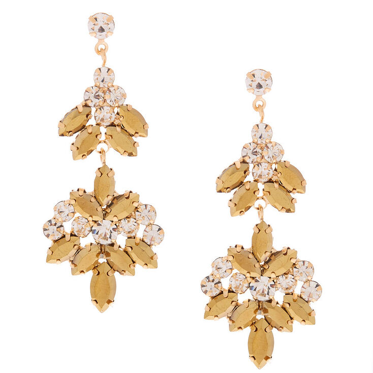 Gold Rhinestone 3" Double Fan Drop Earrings,