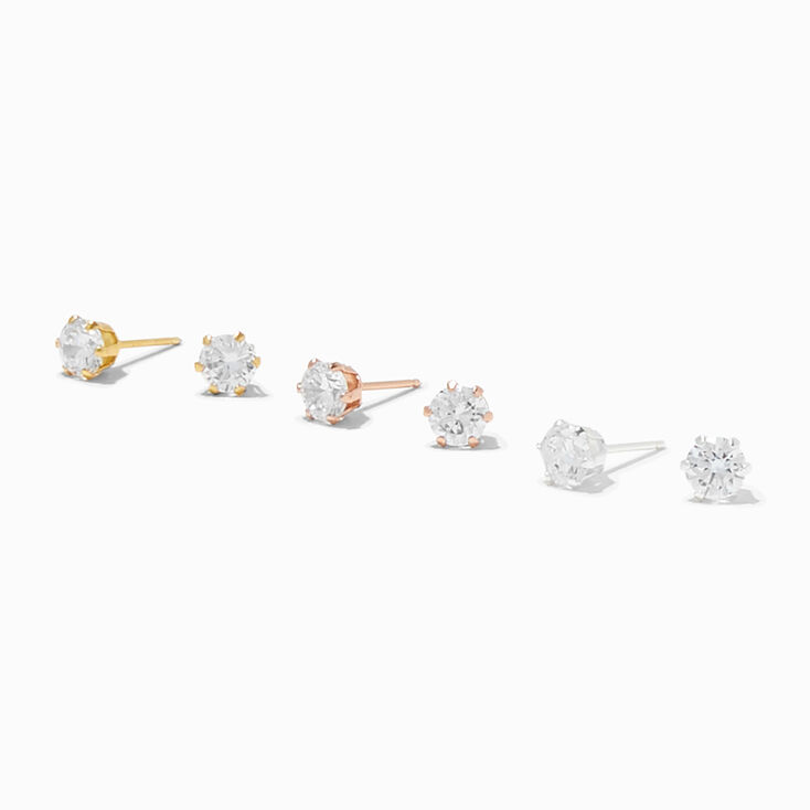 Icing Select Sterling Silver Cubic Zirconia 4MM Round Stud Earrings - 3 Pack,