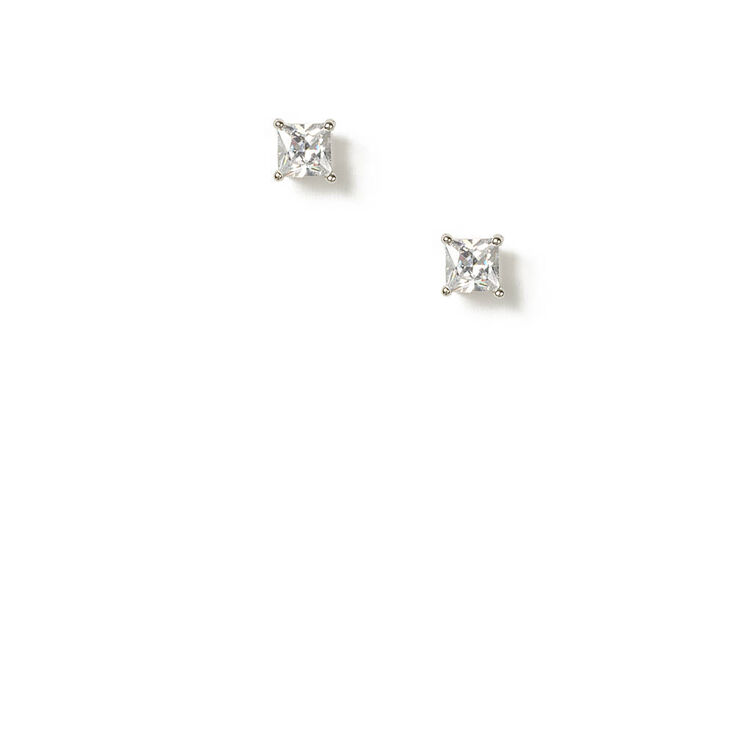 6MM Square Cubic Zirconia Diamond Set Stud Earrings,