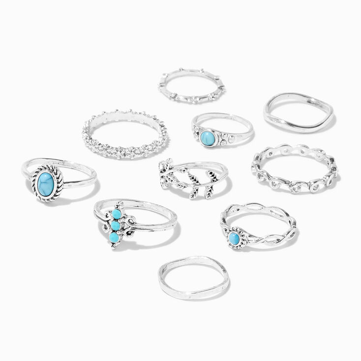 Silver &amp; Turquoise Mixed Leaf Filigree Rings - 10 Pack,